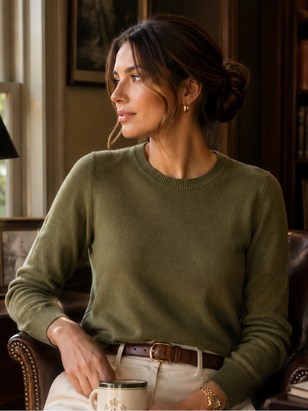 Neiman Marcus 100% Cashmere Olive Green Crewneck Sweater XS Quiet Luxury